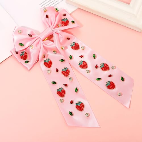Strawberry Satin Hair Bow Clip with Crystal Charms - Summer Hair Accessory