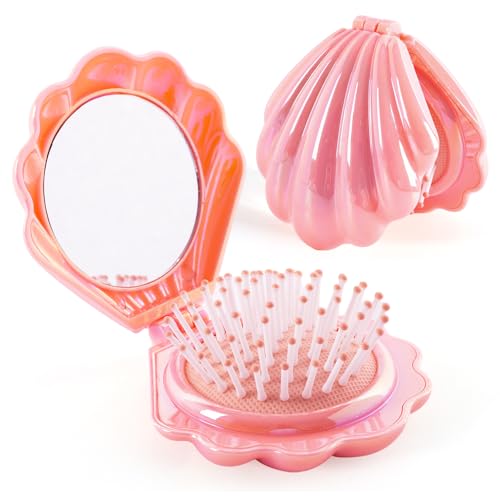 Iridescent Shell Folding Hair Brush with Mirror - Compact Travel Size