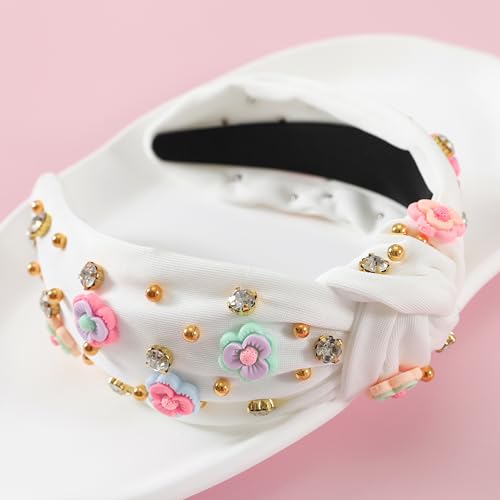 B-White Floral Knotted Headband for Women | Sparkly Beaded Hair Accessory