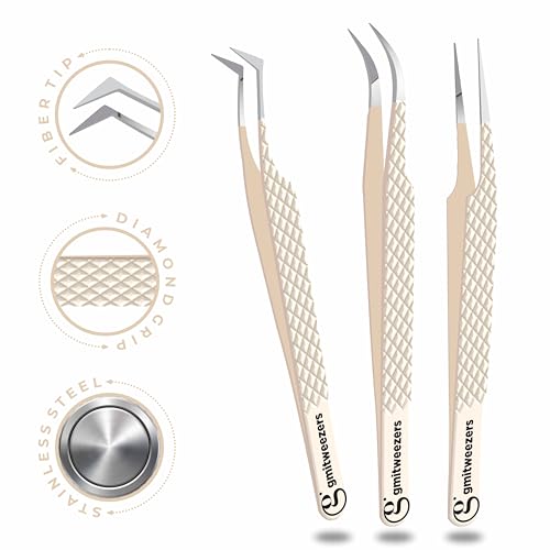 Professional Fiber Tip Lash Tweezers - Set of 3 for Eyelash Extensions