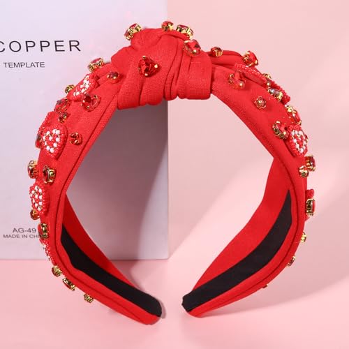 Beaded Heart Valentine’s Day Headband - Jeweled Rhinestone Knotted Hairband