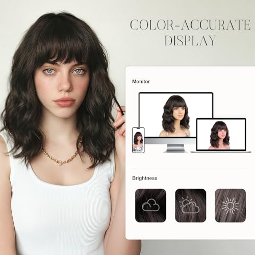Lumitressa Brown Wavy Bob Wig with Bangs - 14 Inch Shoulder Length Synthetic Hair for Women