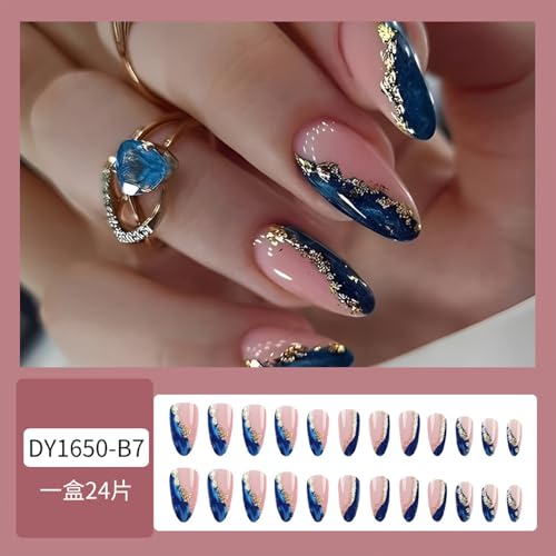 Blue Marble Gold Foil Press On Nails - Medium Almond Shape, 24 Pcs