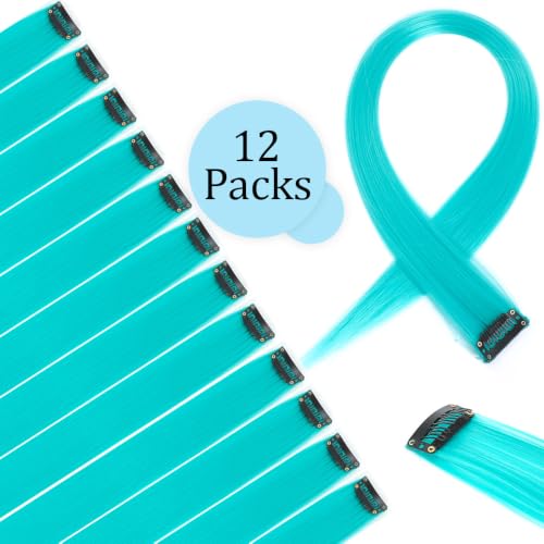 Dlyoigr 12PCS Teal Clip-In Hair Extensions 22 Inch Long Synthetic Highlights for Girls & Women, Easy to Use Cosplay & Party Hairpieces