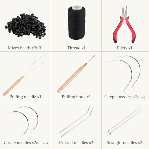 DOORES Hair Extensions Tool Kit - Weave Black, 200 Silicone Beads & Accessories