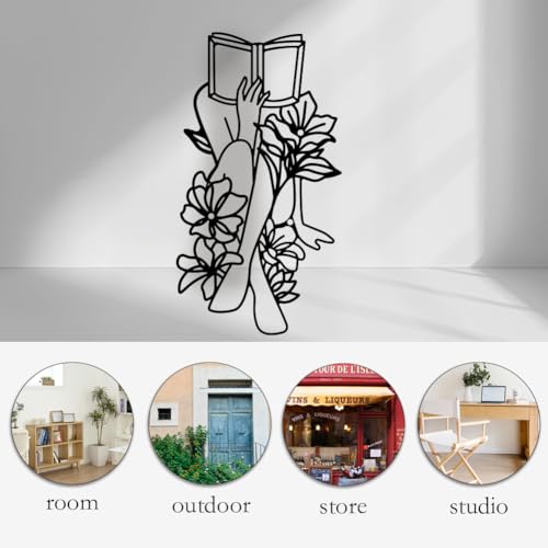 Elegant Black Woman Reading Flowers Metal Wall Art Decor