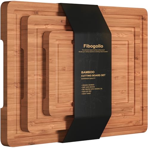 Bamboo Cutting Boards Set of 3 with Juice Groove & Handles