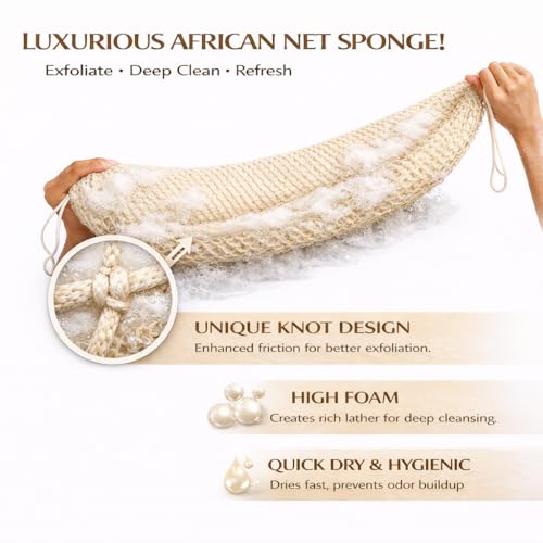 HAITOO African Net Sponge Exfoliating Body Scrubber - 4 Pack (Black, Olive Green, Pink, Champagne Gold)
