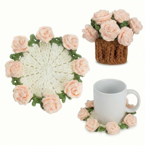 Handmade Crochet Pink Rose Coasters - Decorative Flower Design
