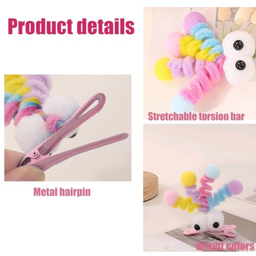 MIUPOO Fluffy Pom Poms Hair Clips for Girls - Pink Eyes Quirky Monster Barrettes, 2 Pieces