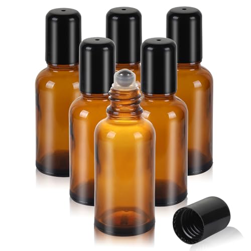 RAMFIYN 6 Pack Amber 30ml Refillable Essential Oil Roller Bottles with Filling Tool & Labels