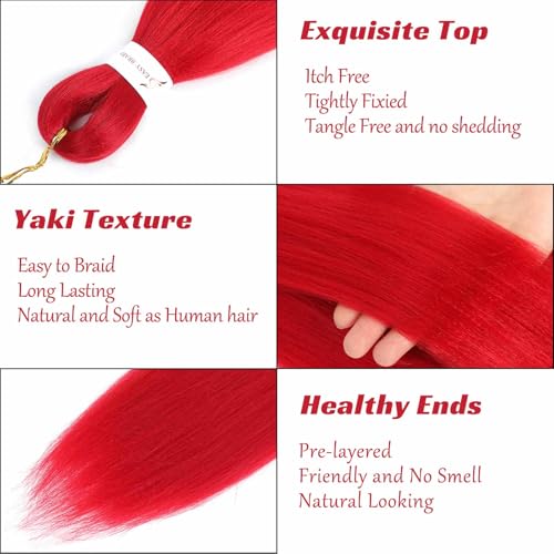 Royota Red Pre-Stretched Braiding Hair 16 Inch, 8 Packs - Easy Yaki Synthetic Extensions
