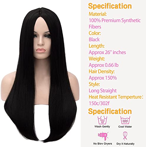 26 Inch Black Long Straight Wig for Women – Middle Part, Heat-Resistant Synthetic Hair, Adjustable Fit, Halloween & Cosplay Costume