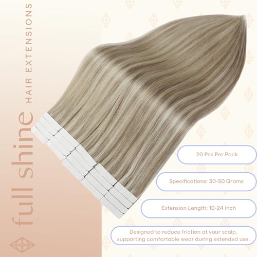 Fshine 12 Inch Tape-In Hair Extensions, Remy Human Hair Dirty Blonde Mix