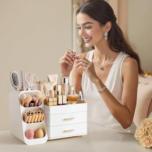 HBlife Makeup Organizer with Brush Holder for Vanity, Large Plastic Bathroom Countertop Organizer Skin Care Storage, Easy to Store Lipsticks, Nail Polishes, Perfumes, Eyeshadow Palettes, All White