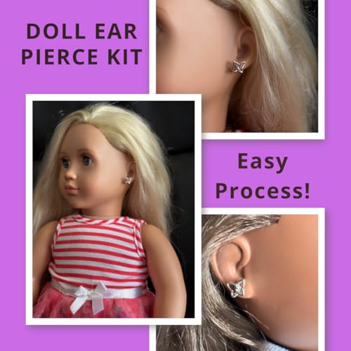 Doll Ear Piercing Kit with Butterfly Earrings & Piercing Tool - Compatible with 18 Inch & Plastic Dolls