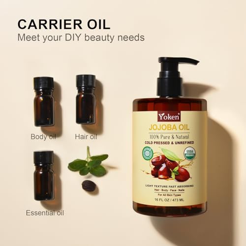 Yoken Organic Jojoba Oil 16oz – USDA Certified Cold Pressed Moisturizer