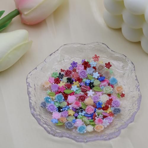 Flower Nail Charms,Colorful Resin Art Decor with Leaves and Gold