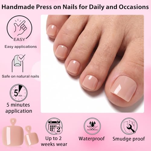 LuckForever Nude Press On Toenails 120pc Short Square Glue-On Kit for Women