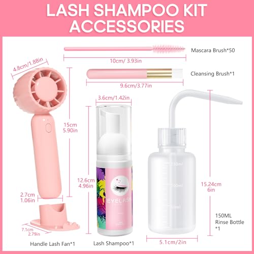Buqikma Lash Cleaning Kit - Lash Shampoo Kit 60ML with Rechargeable Handheld Fan Dryer, Mascara Brush, Rinse Bottle, Makeup Cleansing Foam for Eyelash Extension Care, Pink