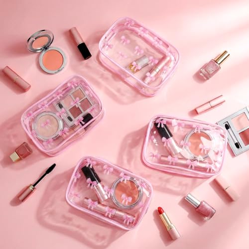 10-Piece Clear Pink Bow Makeup Bag Set - Waterproof Coquette Travel Pouch