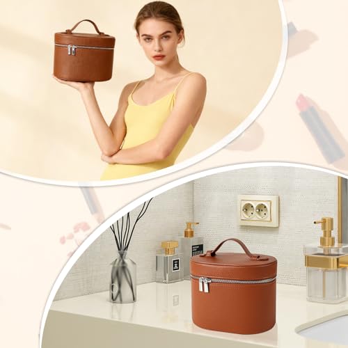 JOVOLIFE Brown Large Capacity Leather Makeup Bag with Removable Compartment