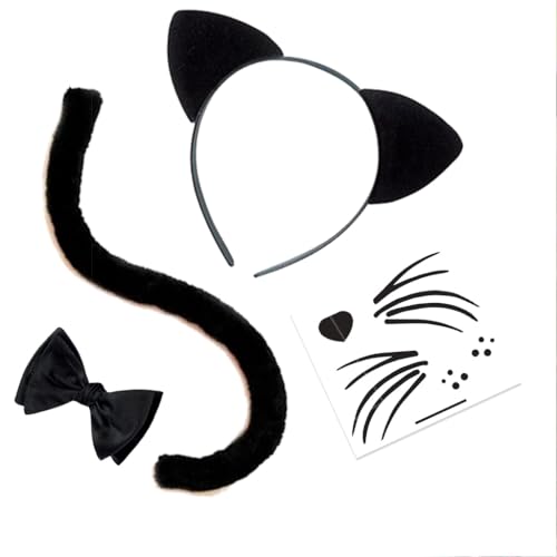 Cat Costume Face Kit with Ears, Tail & Temporary Tattoos - Easy Halloween Accessory - Cat Face Ears & Tail - Made in USA