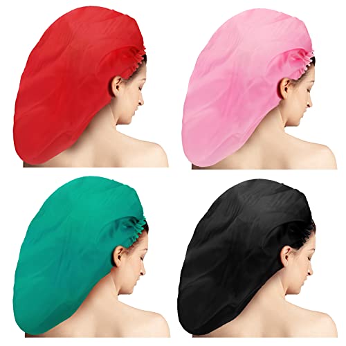 Bencailor 4 Pcs Large Waterproof Shower Cap - Bright Colors & Blank Pattern, Extra Large for Long Hair & Braids
