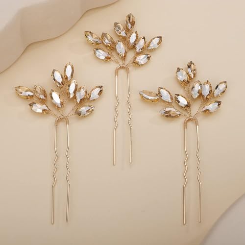Rumtock Champagne 3pcs Handmade Crystal Hair Pins for Wedding Brides Women Girls (Champagne)
