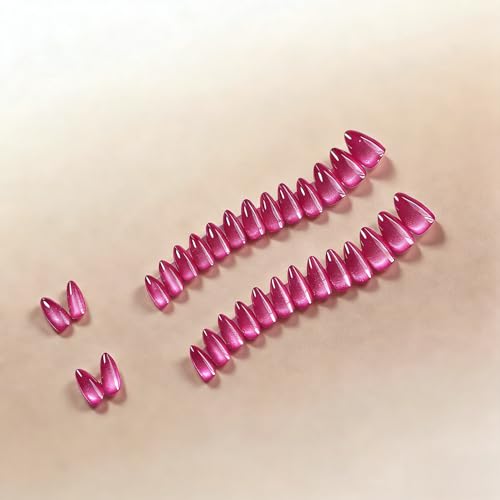SXVME Hot Pink Cat Eye Press On Nails - 30 Pcs Medium Almond