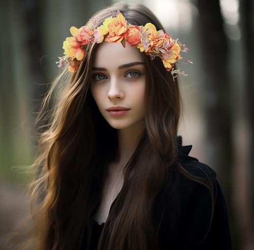 Orange Floral Crown Bridal Headband - Adjustable Boho Flower Wreath
