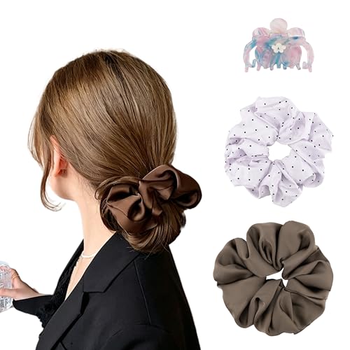 Easter Hair Set: Brown Satin & Lavender Polka Dot Scrunchies with Acetate Claw Clip