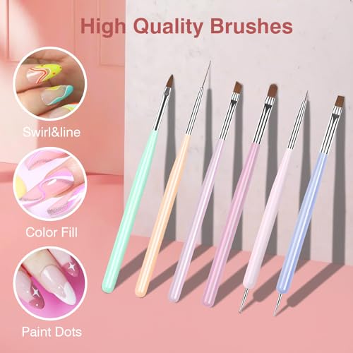 6-Piece Nail Art Brush Set with Liner & Dotting Pens - TOCOLES