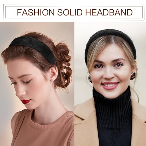 VOCOSTE Fluffy Black Plush Headband - Soft Elastic Hair Accessory
