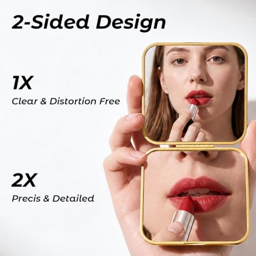 Gold 2-Sided Compact Travel Makeup Mirror - 1X/2X Magnification, Pocket Size