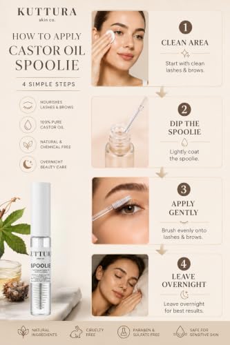 Kuttura Cold-Pressed Castor Oil for Eyelashes & Brows with Spoolie, 10mL
