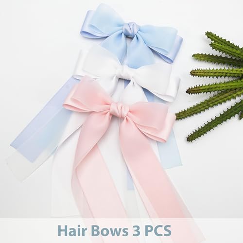 GiLi 3PCS Colorful Hair Bows for Women Girls - White Blue Pink Ribbon Clips