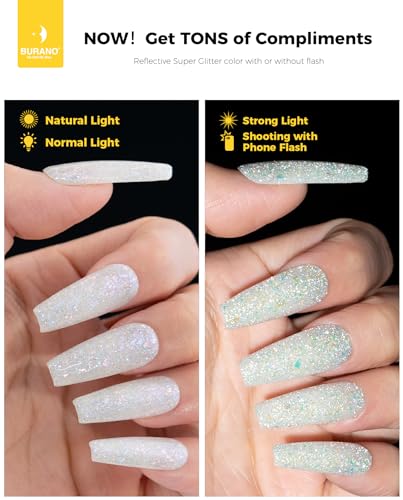 BURANO YH11 Holographic Silver Glitter Gel Nail Polish - Reflective UV Top Coat