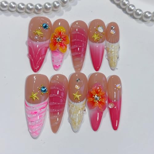 EclatNail Handmade Stiletto Press-on Nails, Pink French Tip with 3D Flowers