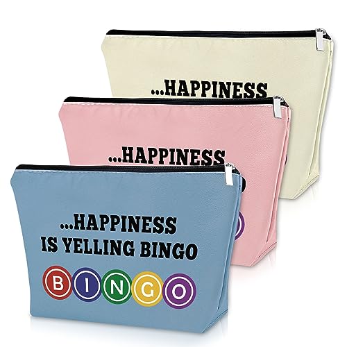 Sazuwu 3PCS Bingo Gift Makeup Bags Set - Lucky Travel Cosmetic Pouches for Women (Blue, Pink, Beige)