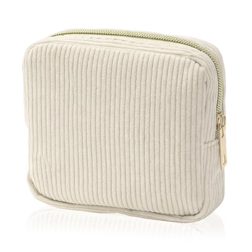 Beige Mini Corduroy Makeup Bag with Zipper and Pockets