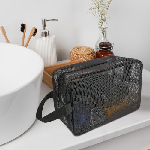 Cobee Portable Mesh Shower Bag with Zipper - Quick-Dry Toiletry Organizer 25x16cm (Black)