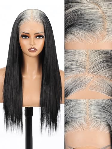 Topshe 24-Inch Straight Lace Front Wig, Black with 613 Blonde Roots