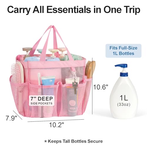 Portable Mesh Shower Caddy with 8 Pockets - Quick-Dry & Dual Handles, Ideal for Dorms & Travel, Pink