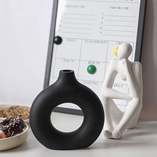 CEMABT Handmade Black Donut Vase - Modern Minimalist Ceramic Decor
