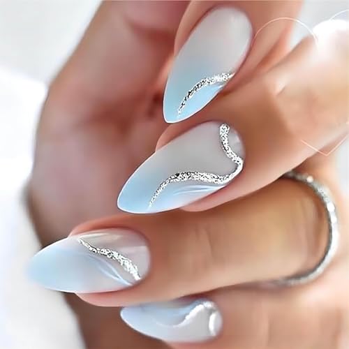 RUOKEXIN Almond Style Press On Nails - Medium Blue Ombre Fake Nails with Silver Ripple Design, 24 Pcs
