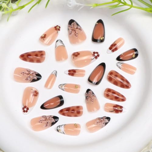 BDKAIWU 3D Flower Black Nude White Brown Short Press On Nails Fake Tips with Gold Pearl & French Design, 24 Pcs