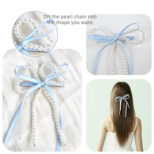 Light Blue Pearl Bow Hair Clips - Adjustable Set of 2 for Girls & Women