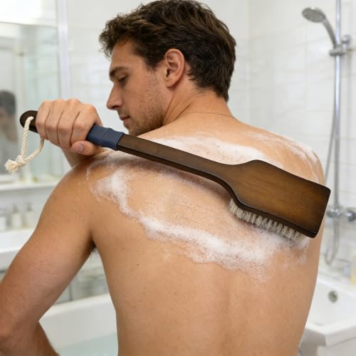 EnamelEVO Gray Stiff Back Scrubber with Long Handle for Full Body Exfoliation