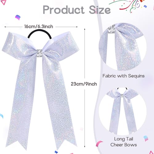 VOBOBE 12-Piece Glitter Cheer Bows - 6.3" Silver Long Tail Hair Ties